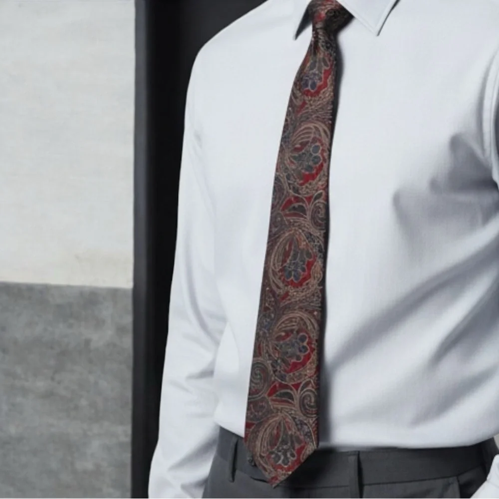 Matinle 100% Silk Paisley Tie Burgundy Navy Gold Hand Made 57”L x 4”W